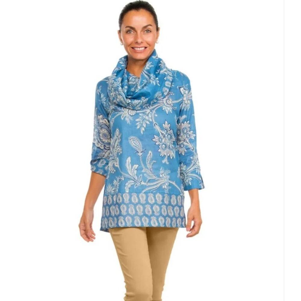 Gretchen Scott Cotton Voile Funnel Tunic Top Blouse Paisley Floral Boho Blue XXS